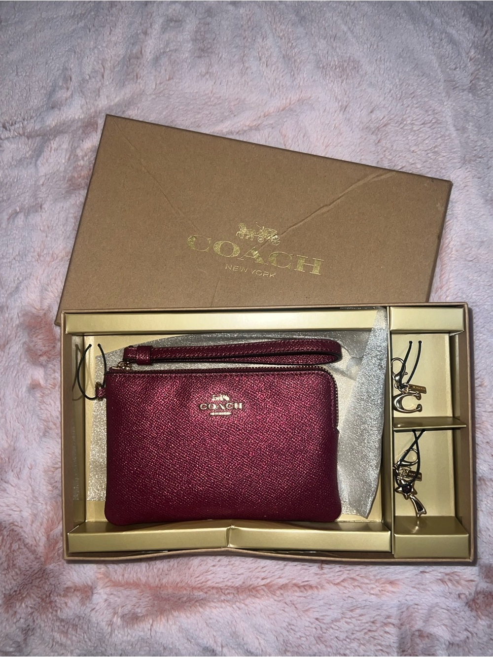 Coach Wine Red Burgundy Leather Wristlet Gold Charm Set